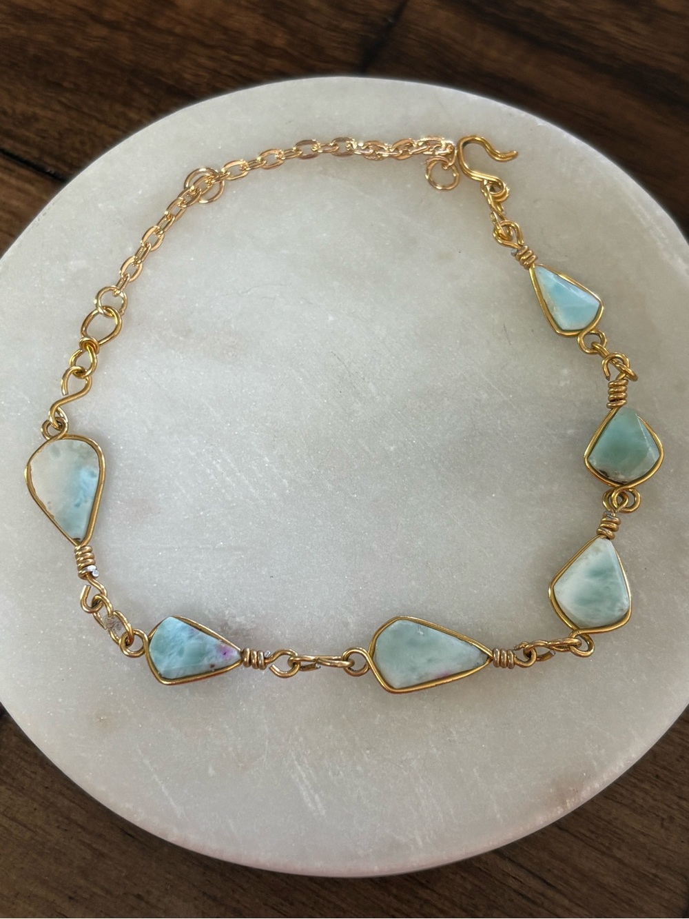 Gold Wire-Wrapped Larimar Station Necklace - Blue Gemstone
